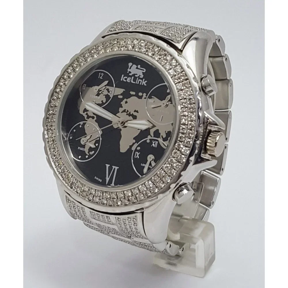 IceLink Marco Polo No. 1409 Black and Steel Watch w/Diamond Bezel and Strap 50mm